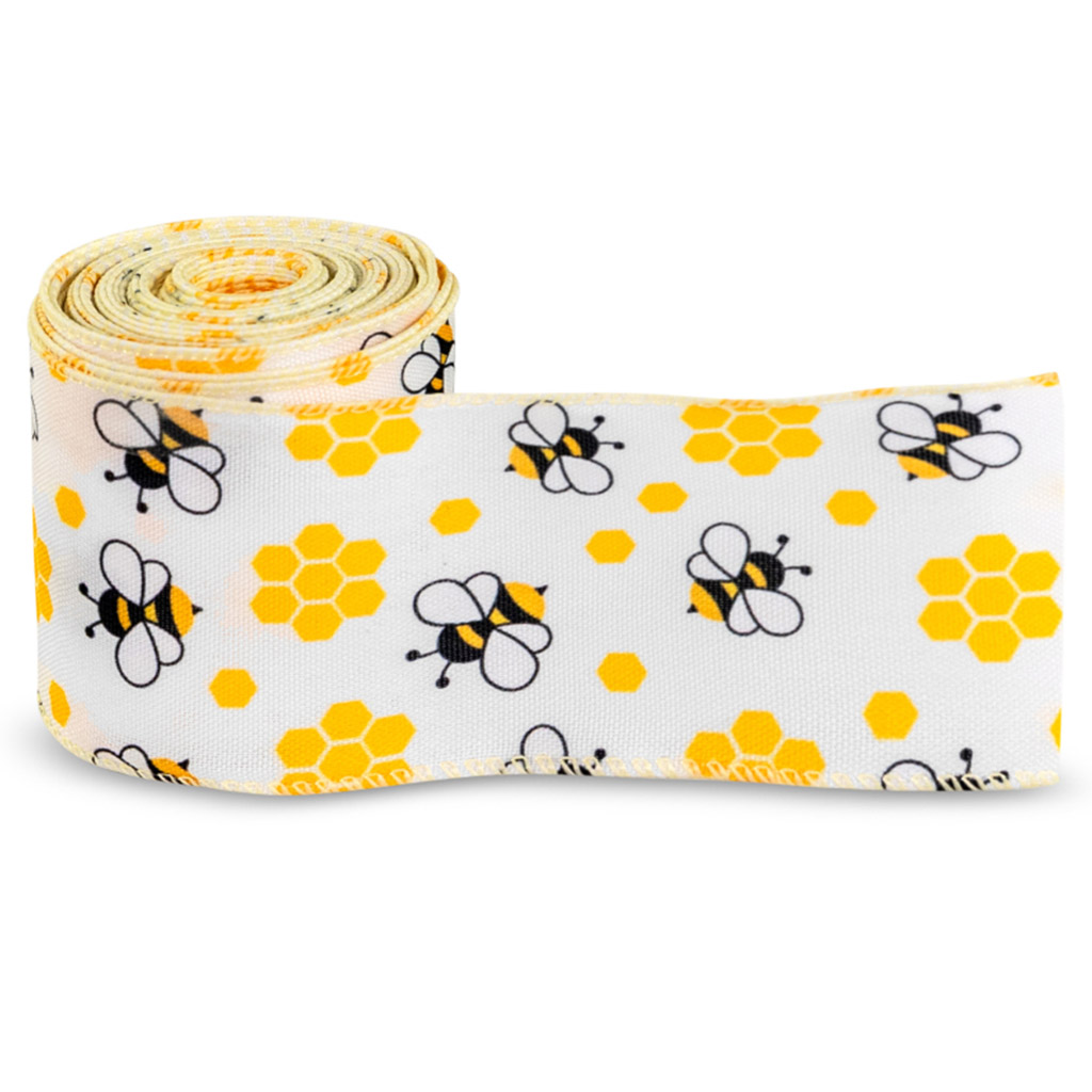 Ruban cadeau avec motif d'abeilles et rayons de miel 64 mm